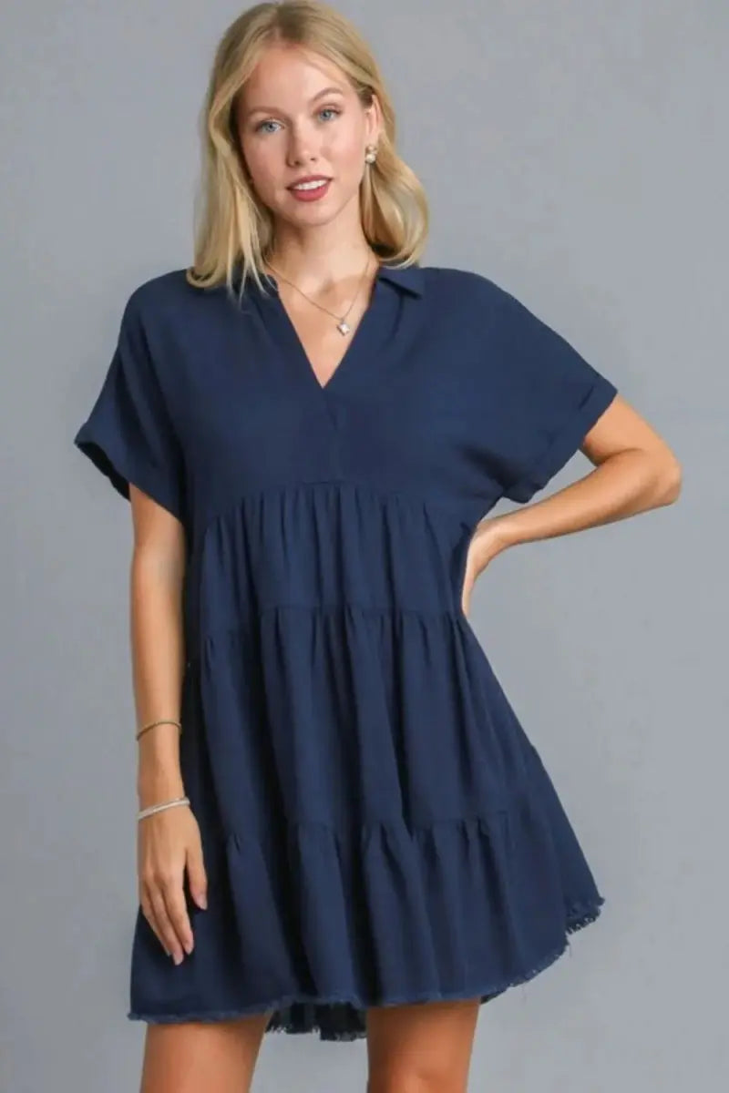 Umgee Full Size Raw Hem Folded Sleeve Tiered Dress Plus Size - Love Salve